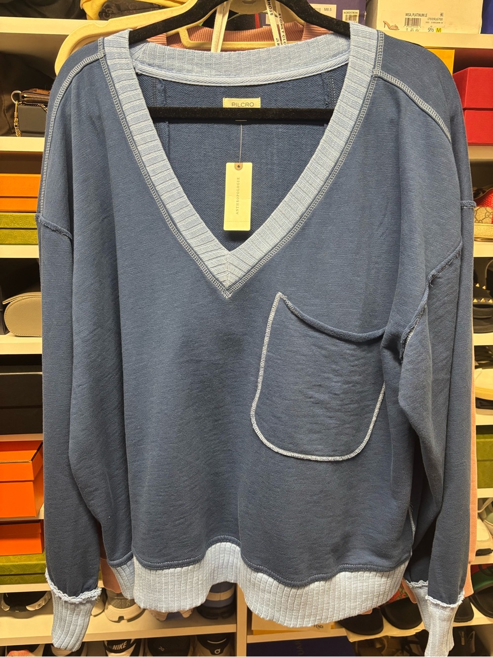 Pilcro Two-Tone Blue V-Neck Pocket Sweater